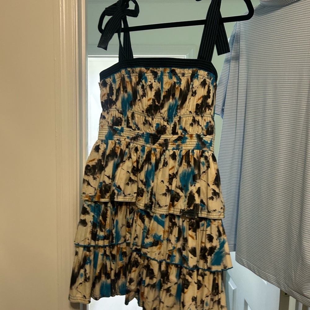 Tiered Dress with Blue and Black Print